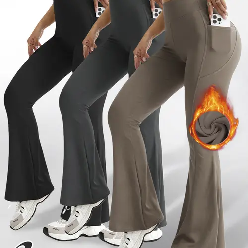 Hijesse winter women's bottoming bell bottoms warm velvet high waist ultra-warm trousers with side pockets designed for comfort and elasticity, warm autumn trousers, solid color, high waist and black warmth.