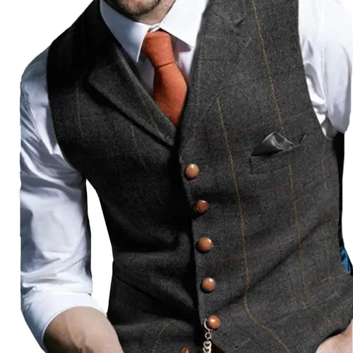 Men's Retro Tweed Vest Herringbone Wool-Polyester Blend Classic Formal & Casual Sleeveless Waistcoat Dress Fabric