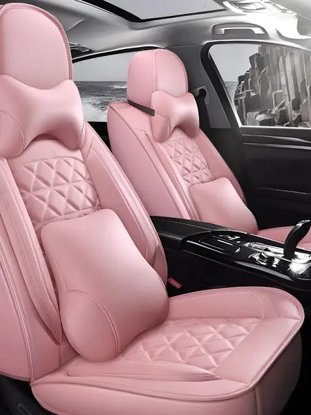 OTOEZ Waterproof Luxury PU Leather Car Seat Cover 5 Seats Full Set with Headrest Pillows Pink Diamond Pattern Universal Fit Auto Seat Protectors Automotive Car Interior Kit