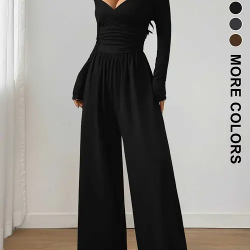 Women's Basic Casual Fashion Solid Color Knit Long Sleeve Ruched Wide Leg Jumpsuit with Halter-Neck, Stylish and Comfortable Jumpsuit for Daily Wear Womenswear
