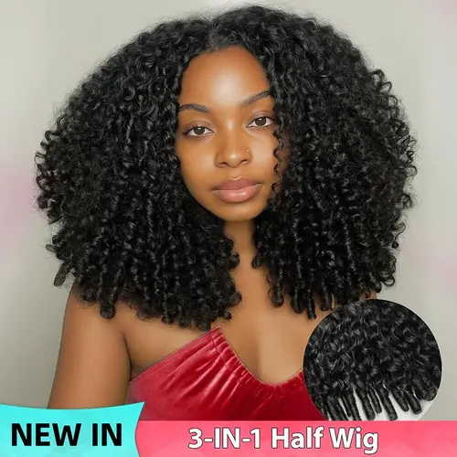 【New In】Lemoda Half Wig Human Hair Burmese Curly Wig for Women 200 Density 3 In 1 Seamless Flip Over Half Wigs Beginner Friendly Glueless Wigs Human Hair with Spiral End Natural Color
