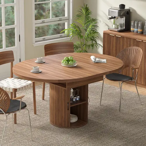 FUSOU 43'' to 59'' Extendable Round Dinning Table for 4-6-8, Dinning Room Kitchen Table with Storage, 43''-59'' Oval Circle Dinner Table with Wood Silde Door for Kitchen, Dining Room, Apartment, Walnut,dorm essentials,home decor