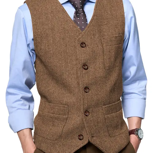 Men's Herringbone Tweed Waistcoat, Classic Retro V-Neck for Business, Wedding Groomsmen & Casual Layering Outfits