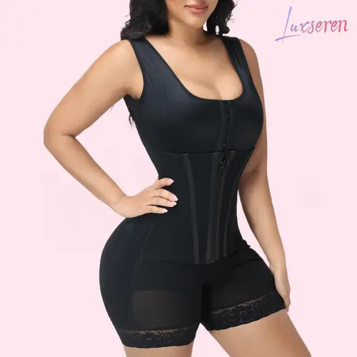 LUXSEREN Women's Seamless V-Neck Fitted Body-Hugging Shapewear Bodysuit, Zip-Up Chest Support Style with Tummy Control, Booty Lifting, Wireless Lift & Zipper Crotch