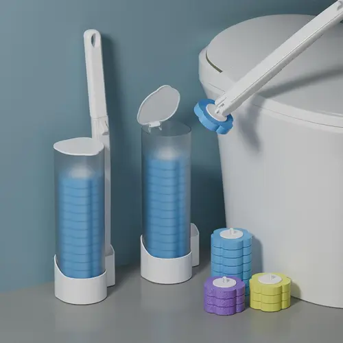 Disposable Toilet Bowl Cleaning Kit with 18/36 Plastic Cleaner Refills, Long-Handle Rotatable Sponge Scrub Brush, Wall-Mount Storage Caddy, Fragrance-Free Low-Foaming Cleaners for Toilet, Sink, Bath Tub Accessories, Cleaning Supplies, Toilet Bowl Cleaners