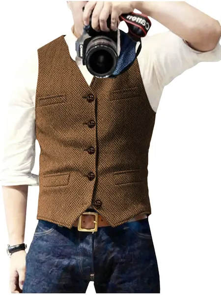 Men's Retro Tweed Vest Herringbone Polyester-Blend: Elevate Casual & Creative Styles for Photography Outings & Daily Wear