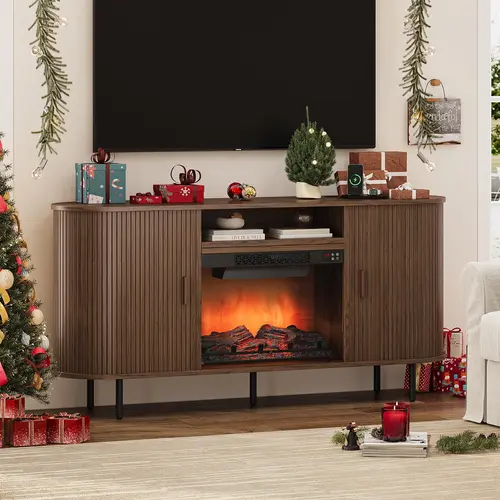 【Include 23" Electric Fireplace】ONBRILL 63"/70" Gorgeous Fluted Fireplace TV Stand for TVs up to 70", Modern Entertainment Center with Power Outlet , TV Media Console with Storage for Living Room, Bedroom Furniture,Christmas Gift【SummerFinds】