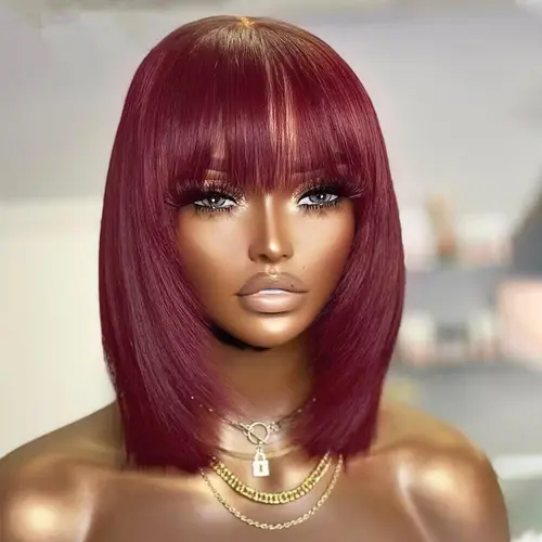 Jessie's Wig Burgundy 99J Color Bob Layered Straight Wigs With Bangs Glueless 4x4 Pre Cut Lace Wig With Fringe #SummerWins #DealsForYouDays
