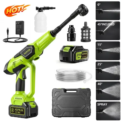 【BacktoSchool】KEPEAK Cordless Power Washer, 1500PSI 21V 200W 13000mAh Rechargeable Battery, Portable Electric Cleaner with Adjustable Water Pressure, 6-in-1 Nozzle, Wand, Foam Cannon, 5M Hose & Accessories, Ideal for Father's Day Gifts, Pressure Washer, B