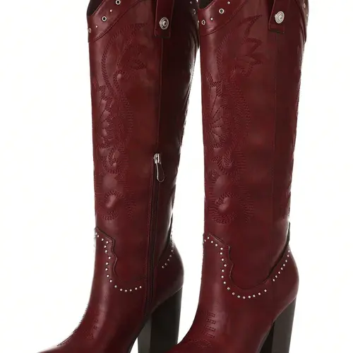 AOSPHIRAYLIAN  Chunky Heels Boots  Bohemian Style Pointed Toe  women's Boots Outdoor Fun Vacation Boots Embroidered Pointed Toe Knee High Western Chunky Heels Boots Brown Red Black,shoes for back to school,back to school shoes