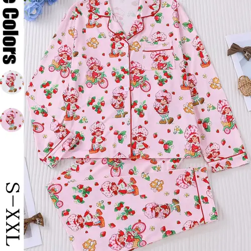 Women's Strawberry Print Sleepwear Set, Pajama Set, Pjs, Long Sleeve Button-Up Top & Elastic Pants, Casual Home Wear, Party, Loungewear