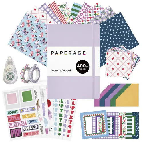 PAPERAGE Junk Journal Notebook & Scrapbooking Kit, Complete Stationery Set with 160-Page Blank Notebook, Sticker Sheets, Washi Tapes, Patterned Papers, Layering Supplies & Tape Roller, All-In-One Beginner Journaling Kit