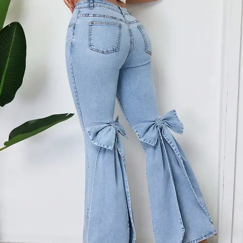 Women's Mid-Waist Washed Flare Jeans With Large Bow Ribbon Details, Slim-Fitting And Slightly Stretchy Flared Pants, Suitable For All Seasons And Various Occasions.