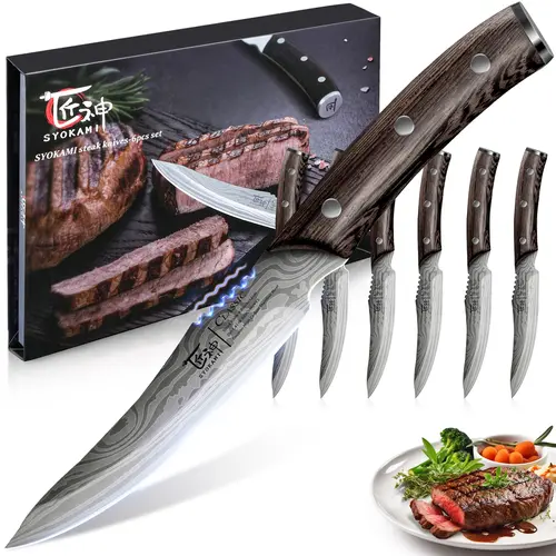 #sohochic SYOKAMI 4.8 in Damascus Etched Non-Serrated Steak Knives Set of 6, High-Carbon Japanese Style Stainless Steel Kitchen Utensils, Full Tang Wood Handle Cutting Knives, Razor-Sharp with Gift Box, Mother's Day Gift