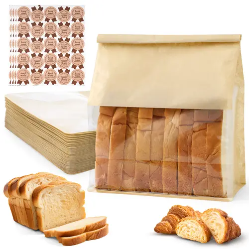 50pcs 8.6in Baked Goods Paper Bread Bags with Viewable Window & Tin Tie, Large Homemade Sourdough Loaf Storage Bags for Cookies & Snacks, 100 Sealing Stickers (Home Organizer Supplies)