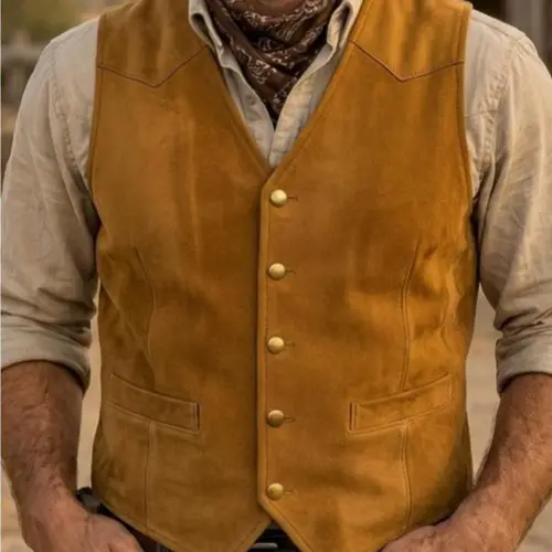Men's Classic Suede-Like Waistcoat, Vintage Western Sleeveless Gilet, Slim Fit Cowboy Vest for Menswear, Classic Waistcoats & Gilets, Buttons Waistcoats & Gilets