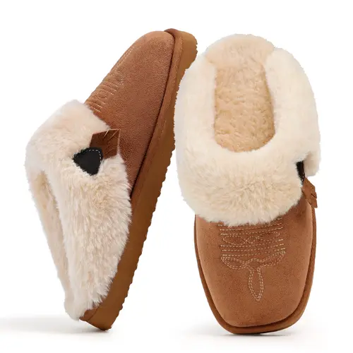 OOW Western Fluffy Slippers for Women with Memory Foam Comfy Houes Cowgirl Boot Slippers for Bedroom Indoor Square Toe Winter Walking Shoes Chestnut