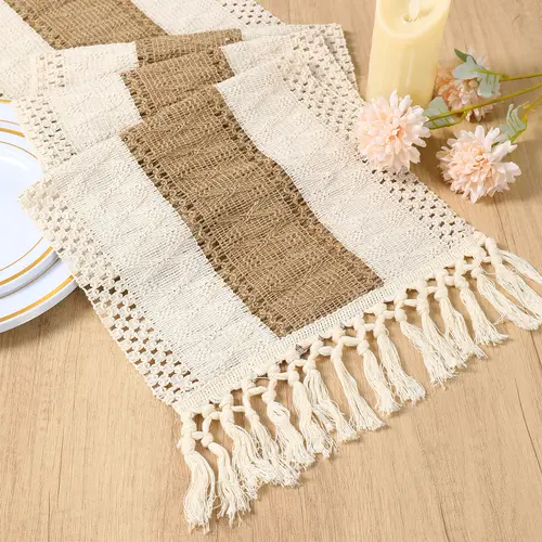 30x180cm Natural Burlap Boho Table Runner with Tassels - Modern Farmhouse Rustic Macrame Decor for Holiday Living Room, Aesthetic Home Decor