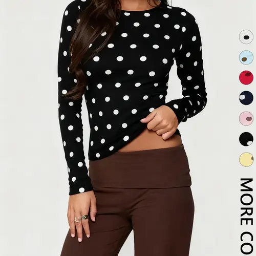 Women's Polka Dot Print Long Sleeve Slim Fit Short Top, Vintage Bodycon, Perfect for Dates and Shopping, Stylish Chic Casual Wear