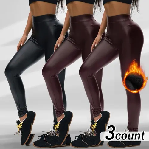 Hijesse Women's Solid Black PU Leather Tummy Control Leggings High Waist Skinny Pants for Yoga Gym Workout Running Casual Sporty Comfy Bottoms for Fall Winter