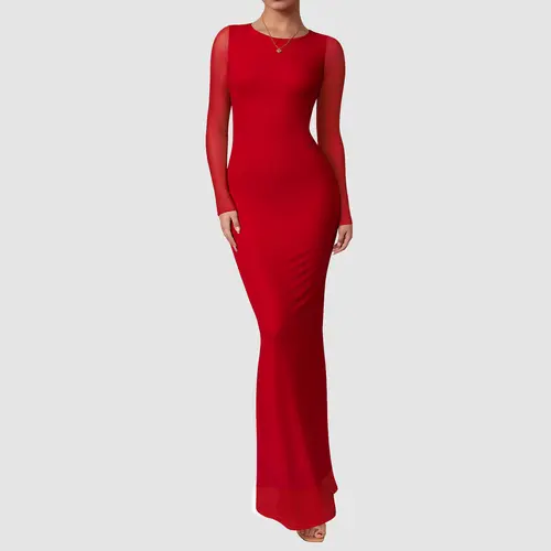 OQQfitness Womenswear Long Sleeve Maxi Dresses Sheer Mesh Boat Neck Ruched Bodycon Party Outfit