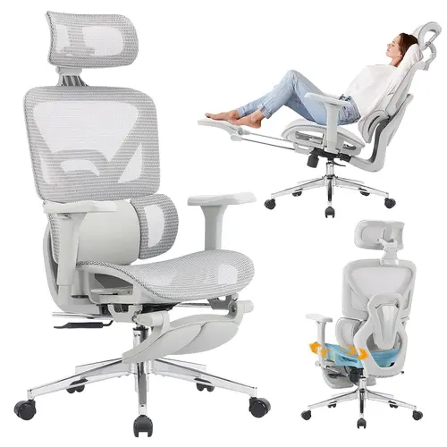 MOJAY High-Back Ergonomic Mesh Office Chair, Ergonomically Adjustable Seat, Padded Seat Backrest，Modern Executive Desk Chair with 6D Armrests Computer Task Chair (Grey Mesh 3-Zone Lumbar Support)