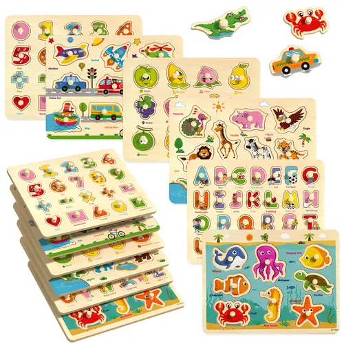 edutree 6pcs Wooden Peg Puzzles for Toddlers 1 2 3 4, 6 Pack Educational Peg Puzzles Montessori Toys, Learning Puzzles for Kids Girs Boys with Alphabet Number Animal Vehicle Shape, Halloween gift,  Game,back to school#backtoschool #sohochic