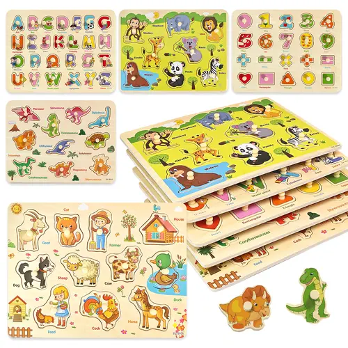 edutree 5pcs Wooden Peg Puzzles for Toddlers 1 2 3 4, 6 Pack Educational Peg Puzzles Montessori Toys, Learning Puzzles for Kids Girs Boys with Alphabet Number Animal Vehicle Shape, Halloween gift, Mother's Day