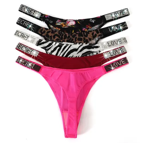 JROZXF Women's 5-Set Solid Spandex Thongs Lingerie - Lady's Sexy Rhinestone & Letter Design, Soft Stretchy Fabric, Comfortable Panty for Everyday Wear (Pink, Blue, Beige, Black, White, Red)