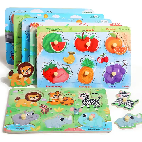 edutree Wooden Peg Puzzles for Toddlers 1 2 3 4, 6 Pack Educational Peg Puzzles Montessori Toys, Learning Puzzles for Kids Girs Boys with Alphabet Number Animal Vehicle Shape, Halloween gift, Mother's Day