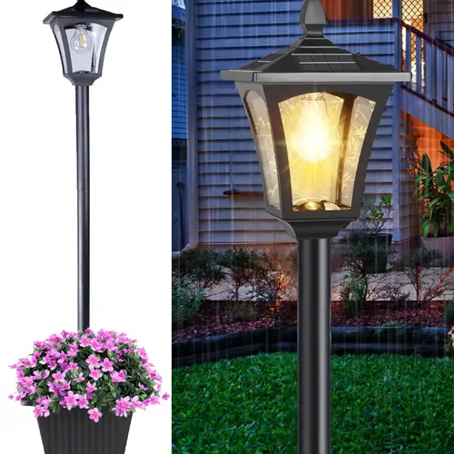 HOODINK 65" Multifunctional Solar Power Post Light with Planter - Glass 60 Lumens Waterproof Outdoor Landscape Decorative Lantern for Patio, Solar Light-Up Post Lights, Decorative Lantern Post Lights