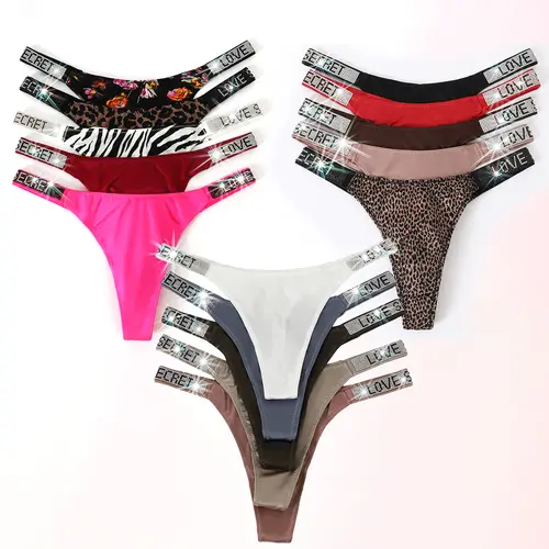JROZXF Women's 5-Set Solid Lingerie Thongs - Sexy Rhinestone & Letter Embellishments, Soft Stretchy Spandex-Nylon Fabric, Cute Thongs for Everyday Wear (Pink, Blue, Beige, Black, White, Red)