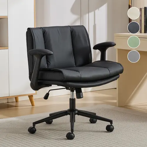 Criss Cross Chair with Flip-Up Armrests Leather, Cross Legged Office Chair on Wheels, Comfy Swivel Chair with Wide Seat for Home Office, Vanity, Accent, Ergonomic Desk Chair Adjustable