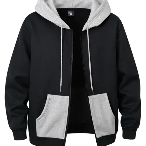 Men's Autumn Winter Long-Sleeve Colorblock Hoodie Jacket - H Type, Normal Type, Pocket, Zipper Hood, Machine Washable, Fashion Casual Menswear Top for Street Travel Camping Outdoor Sporty