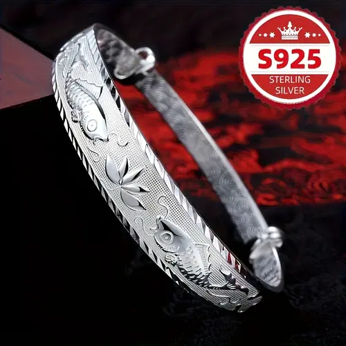 Women's S925 Pure Silver Chinese-Style Double Fish Lotus Bracelet, Exquisite Design 925 Jewelry, Ornate Silver Bracelets & Bangles for Women, Daily Wear Fashion Accessory Gift for Friends