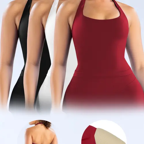 1/2/3 Pcs Women's Halter Neck Shapewear Tank Top with Removable Pads, Three-Layer Seamless Backless Tank Tops Casual Solid Color Soft All Seasons Wear