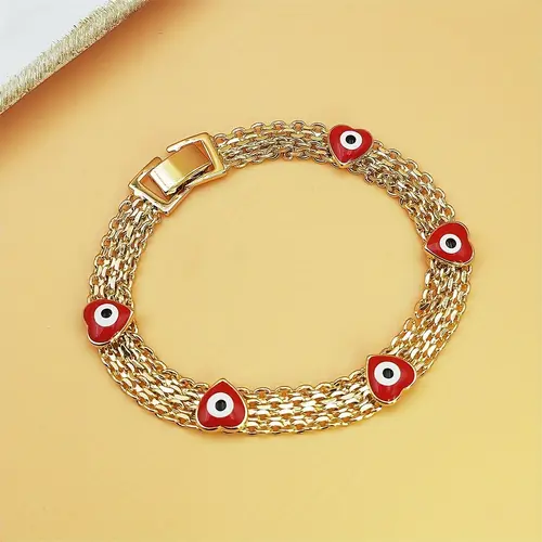 Women's Boho-Chic Beaded Bracelet - Sports Wristband with Golden-Tone Wide Copper Chain, Evil Eye Symbol, Red Charms, Adjustable Stackable Design, Luxe Vibe, Warm Glow, Standout Style for Daily Wear, Golden Tone, Warm Glow