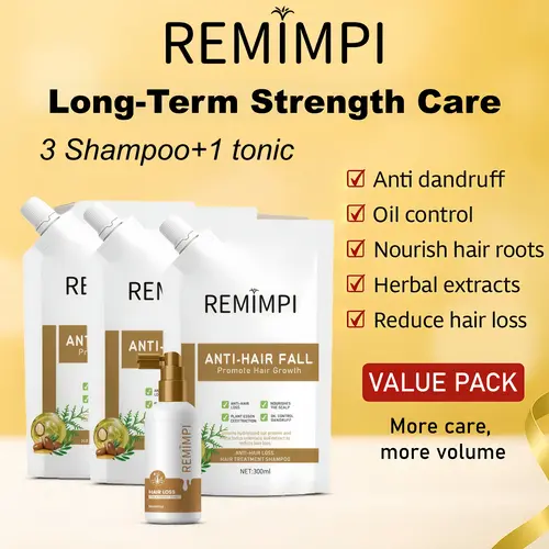 REMIMPI Long-Term Hair Care Pack - 3 Herbal Cleansing Anti-Dandruff Thinning Hair Shampoos + 1 Gentle Tonic, Sustained-Result System (300ml x 3 + 50ml), Anti Dandruff Shampoo, Haircare