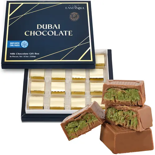 Eastanbul Dubai Chocolate Gift Box, 16 Pieces Milk Chocolate with Pistachio Filling, 11.3oz Premium Assorted Chocolates Creamy Dessert | Ice Pack Included