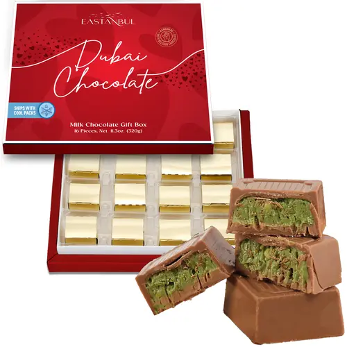 Eastanbul Dubai Chocolate Gift Box, 16 Pieces Milk Chocolate with Pistachio Filling, 11.3oz Premium Assorted Chocolates | Ice Pack Included