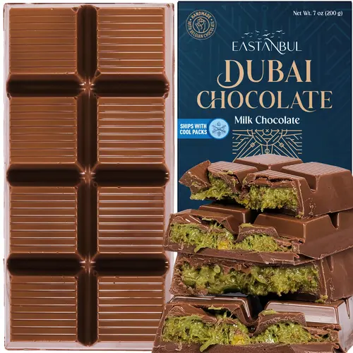 Eastanbul Dubai Milk Chocolate Bar with Pistachio & Kunafa, 7oz Premium Viral TikTok Chocolate, Middle Eastern Dessert with Crunchy Phyllo Dough Bonbon Creamy | Ice Pack Included