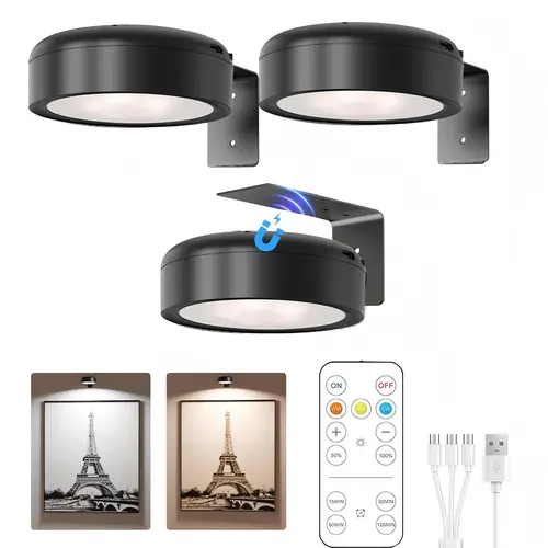 How to Make Your Photos & Paintings Shine? ️ Use These Wireless Magnetic Lights! Warm, Dimmable, with Remote (3-Pack). Adjustable Rgb Lighting,campingessentials,outdoorfurnitureset,campinggear,dorm essentials,home decor,home essentials,camping essentials