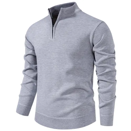 Men's Fall Winter Half-Zip Stand Collar Long Sleeve Fleece Fitted Pullover Sweater, Casual Plain Knit Top, Knitwear, Comfortable Versatile Clothing for Cold Weather