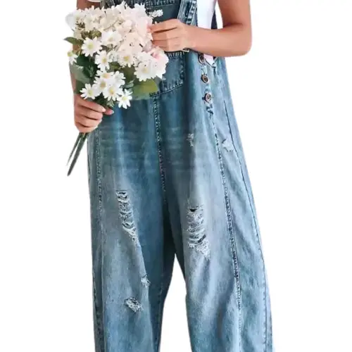 Ebossy Women Minimalist Blue Loose Strappy Adjustable Strap Denim Bib Overall Jeans Distressed Wide Leg Baggy Overalls Jumpsuit Womenswear Basic Coveralls Casual