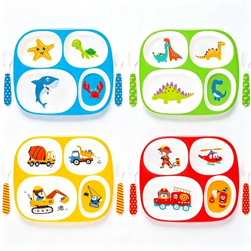 4-Piece Divided Melamine Dinner Plates for Boys - Shatterproof, Durable Utensils Tableware with Fun Themes (Firefighter, Dinosaur, Construction, Sea Animal) - Toddler Essentials for Picky Eaters, Ideal Gift