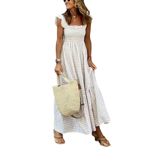 Ebossy Women's Modest Khaki Retro Plaid Smocked Maxi Dress - Square Neck, Spaghetti Straps, Sleeveless, Flounce Hem, Curves-Flattering Smocked Fit, Casual Bohemian Chic, Below-Knee Length, for Daily Life, School, Women's Dresses