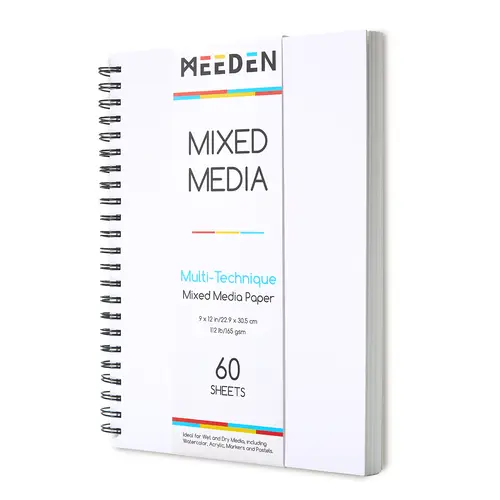 MEEDEN Multi-Media Art Paper Pad - 9"x12" 112lb/165gsm Spiral Bound Sketchbook with DIY Cover, 60 Sheets Blank Art Paper for Artwork, Waterproof Coating Bamboo Cotton Pad for Wet-Dry Media Use, Multi-Media Use