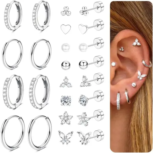 12Pairs Flat Back Earrings for Women and Men, Hypoallergenic Surgical Steel Earrings for Sensitive Ears, 14K Gold Hoop Earrings, Flatback Cartilage Tragus Helix Piercing Earrings, Stud Earrings Jewelry, Earrings Hoops, Earrings Set