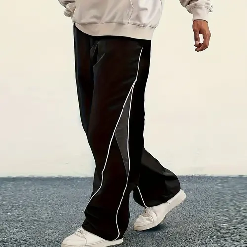 Male High Waisted Striped Joggers - Glossy Synthetic Pocket-Ready Casual Track Pants, Loose-Fitting Athletic Bottoms, Menswear Basics, All-Seasons Everyday Wear (Size M)