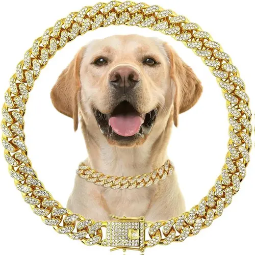 Bling Sparkle Gold Rhinestone Cuban Link Dog Collars - Lightweight Elegant Gold Chain Look Pet Neck Accessories, Birthday Perfect Gift for Small Medium Large Dogs